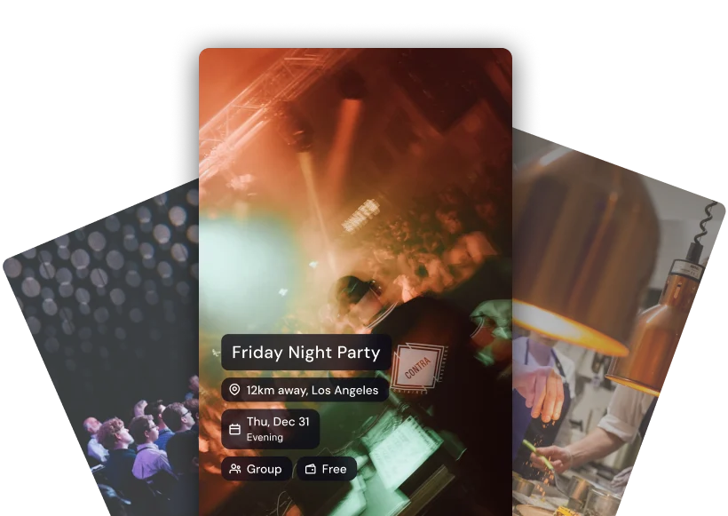 Tolivi event cards for a Friday night party, a comedy show and a cocktail evening