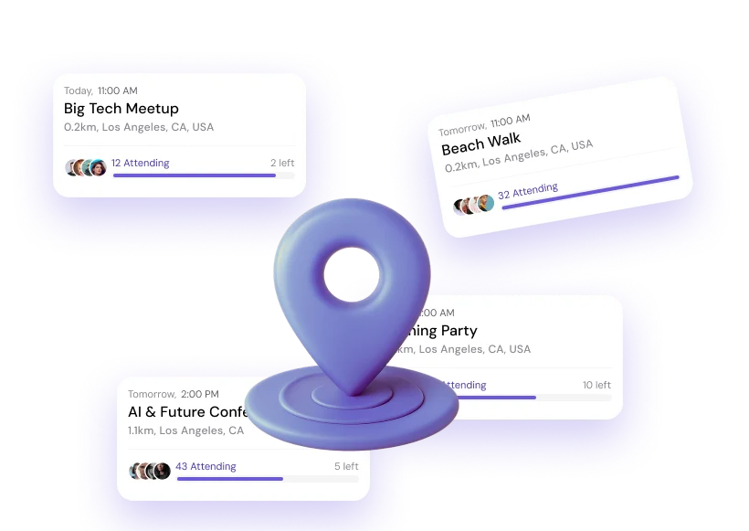 A map pin surrounded by nearby event cards showing how many people are attending