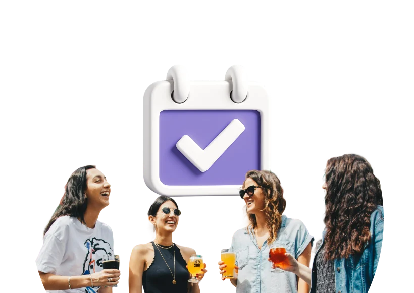 Friends talking and laughing together at an event, with a calendar tick above them