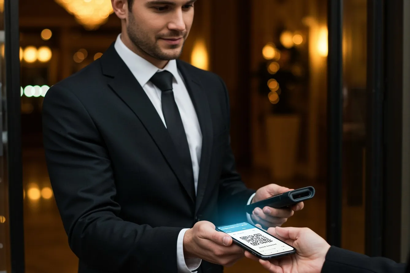 Door staff scanning a ticket on a guest's phone at a venue entrance